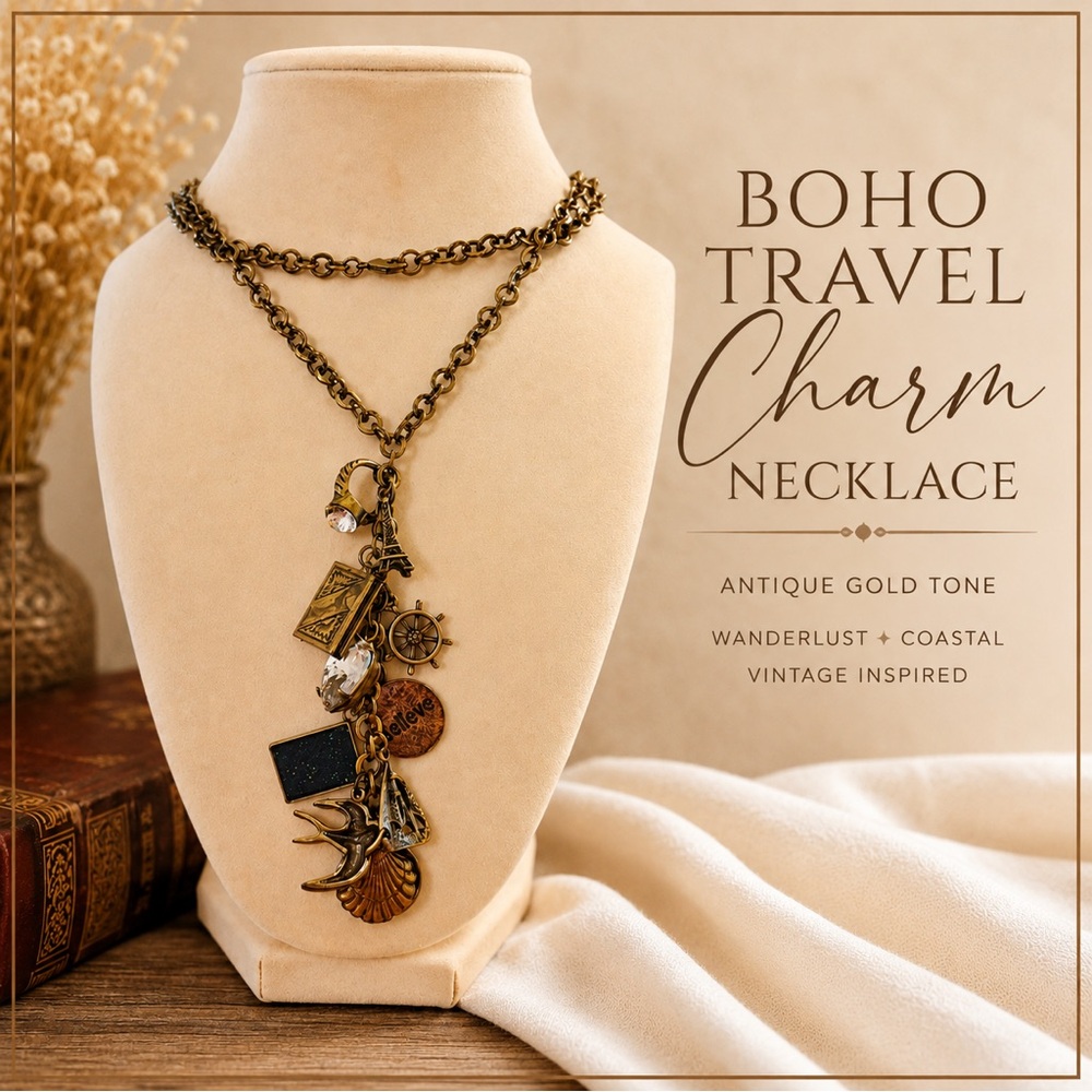 Boho Travel Charm Statement Necklace – Antique Gold Coastal Wanderlust Charms